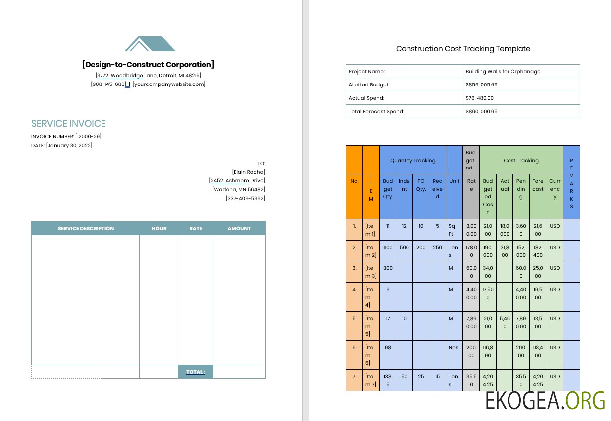 Modèle de facture de travail d'entrepreneur